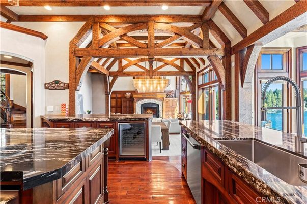 Fireplace, Interior, Pendant Lights, Recessed Lighting, Wooden Beams, Wood Texture Flooring