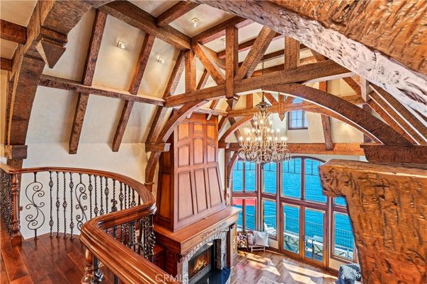 Chandelier, Fireplace, Interior, Wooden Beams, Wood Texture Flooring
