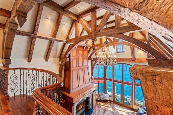 Chandelier, Fireplace, Interior, Wooden Beams, Wood Texture Flooring
