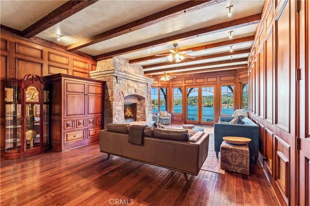 Fireplace, Interior, Living room, Stone Walls, Water, Wooden Beams, Wood Texture Flooring, Wooden Walls