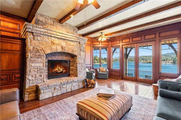 Fireplace, Interior, Living room, Stone Walls, Water, Wooden Beams, Wood Texture Flooring