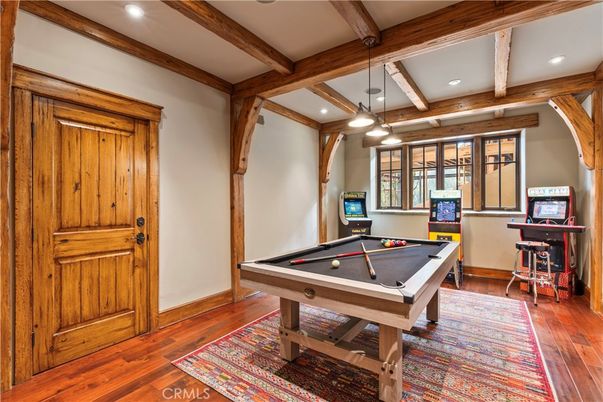 Billiard Table, Game Room, Interior, Pendant Lights, Recessed Lighting, Wooden Beams, Wood Texture Flooring