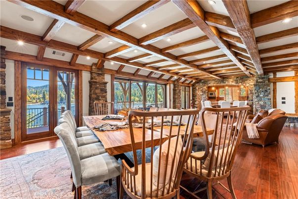 Dining room, Interior, Recessed Lighting, Stone Walls, Wooden Beams, Wood Texture Flooring