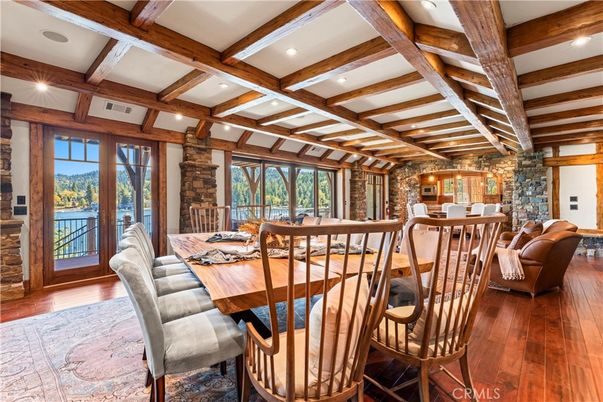 Dining room, Interior, Recessed Lighting, Stone Walls, Wooden Beams, Wood Texture Flooring
