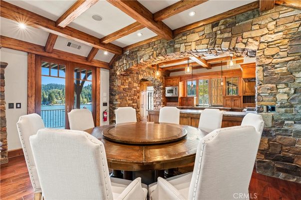 Dining room, Interior, Recessed Lighting, Stone Walls, Wooden Beams, Wood Texture Flooring