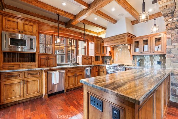Interior, Kitchen, Pendant Lights, Recessed Lighting, Stainless Steel Appliances, Wooden Beams, Wood Texture Flooring