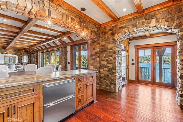 Dining room, Interior, Kitchen, Pendant Lights, Recessed Lighting, Stone Walls, Water, Wooden Beams, Wood Texture Flooring
