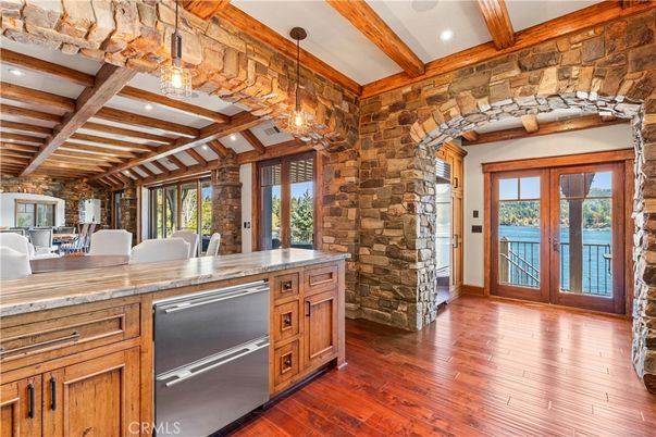 Dining room, Interior, Kitchen, Pendant Lights, Recessed Lighting, Stone Walls, Water, Wooden Beams, Wood Texture Flooring