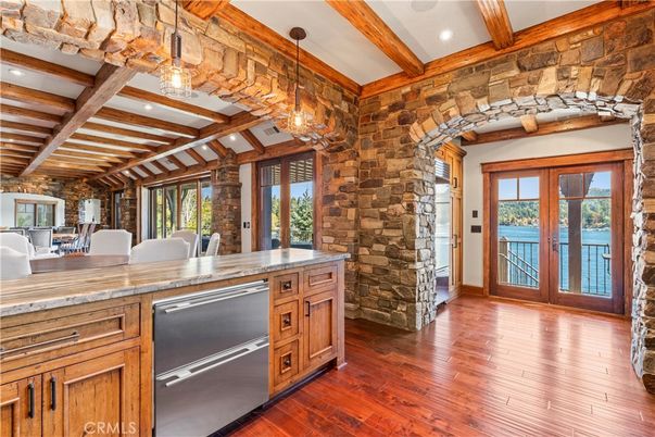 Dining room, Interior, Kitchen, Pendant Lights, Recessed Lighting, Stone Walls, Water, Wooden Beams, Wood Texture Flooring