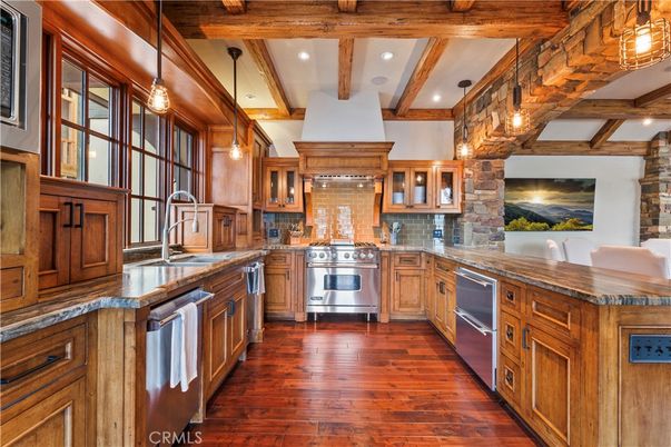 Interior, Kitchen, Pendant Lights, Recessed Lighting, Stainless Steel Appliances, Wooden Beams, Wood Texture Flooring