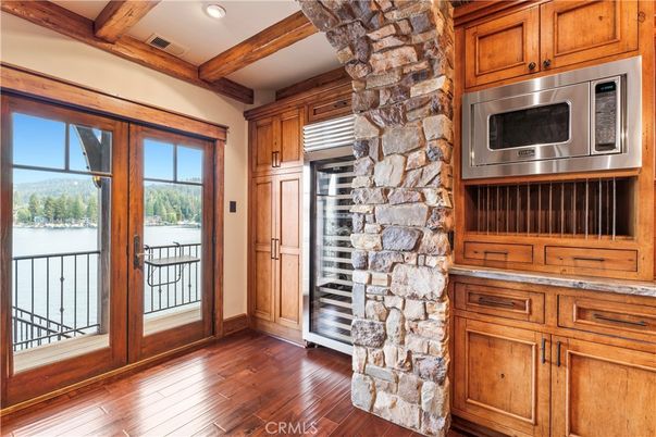 Interior, Kitchen, Recessed Lighting, Stainless Steel Appliances, Stone Walls, Wooden Beams, Wood Texture Flooring