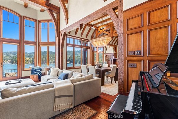 Chandelier, Dining room, Interior, Living room, Piano, Water, Wooden Beams, Wood Texture Flooring, Wooden Walls