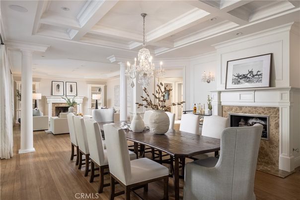 Chandelier, Dining room, Fireplace, Interior, Living room, Recessed Lighting, Wood Texture Flooring