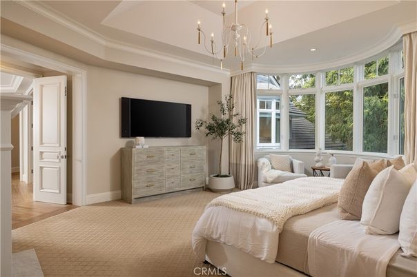 Bedroom, Chandelier, Interior, Recessed Lighting, Wood Texture Flooring
