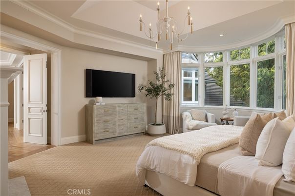 Bedroom, Chandelier, Interior, Recessed Lighting, Wood Texture Flooring