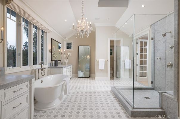 Bathroom, Chandelier, Dual Sink Vanities, Free Standing Baths, Glass Shower, Interior, Recessed Lighting