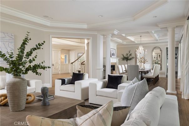 Chandelier, Dining room, Fireplace, Interior, Living room, Recessed Lighting, Wood Texture Flooring