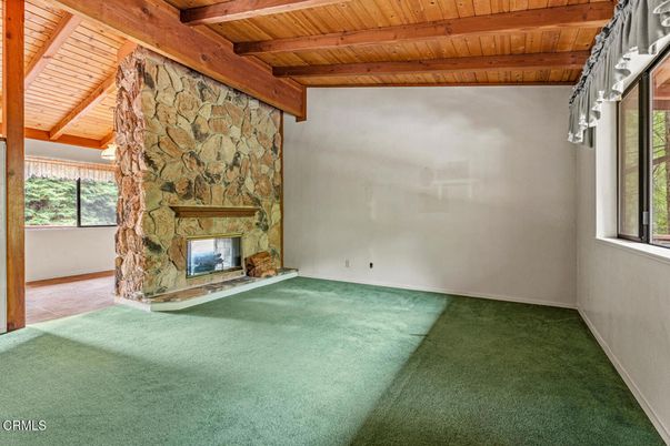 Empty room, Fireplace, Interior, Stone Walls, Wooden Beams, Wooden Ceilings