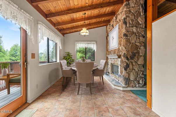 Dining room, Fireplace, Interior, Pendant Lights, Stone Walls, Wooden Beams, Wooden Ceilings