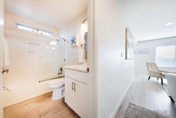 Bathroom, Glass Shower, Interior, Recessed Lighting, Wood Texture Flooring
