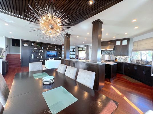 Dining room, Interior, Kitchen, Living room, Pendant Lights, Recessed Lighting, Stainless Steel Appliances, Wood Texture Flooring