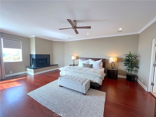 Bedroom, Fireplace, Interior, Recessed Lighting, Wood Texture Flooring