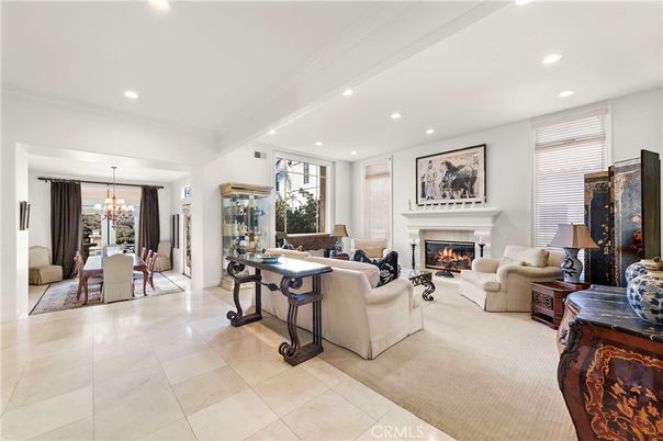 Chandelier, Dining room, Fireplace, Interior, Living room, Recessed Lighting