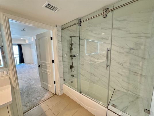 Bathroom, Glass Shower, Interior, Marble Walls, Recessed Lighting