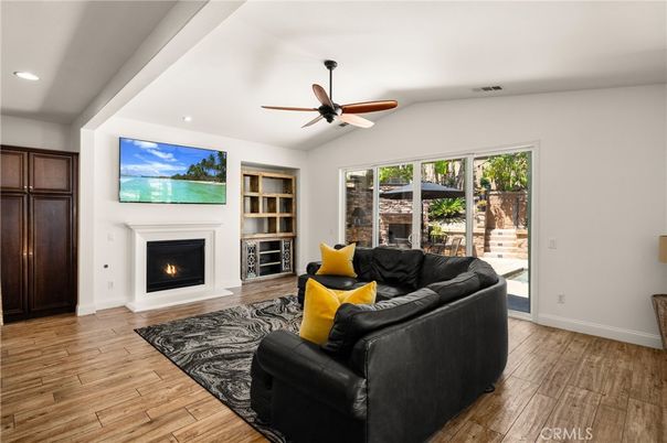 Fireplace, Interior, Living room, Recessed Lighting, Wood Texture Flooring