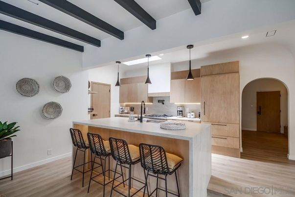 Interior, Kitchen, Pendant Lights, Recessed Lighting, Wooden Beams, Wood Texture Flooring
