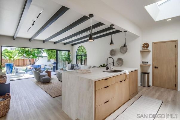 Interior, Kitchen, Pendant Lights, Recessed Lighting, Wooden Beams, Wood Texture Flooring