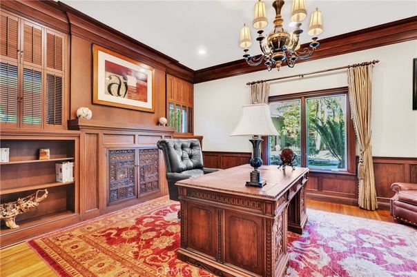Chandelier, Home Office, Interior, Recessed Lighting, Wood Texture Flooring