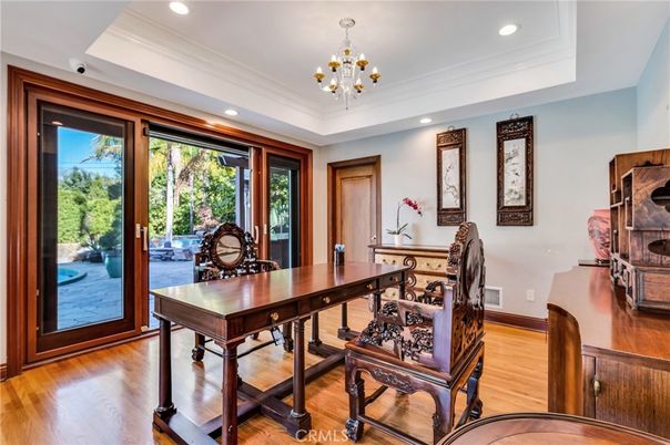 Chandelier, Home Office, Interior, Recessed Lighting, Wood Texture Flooring