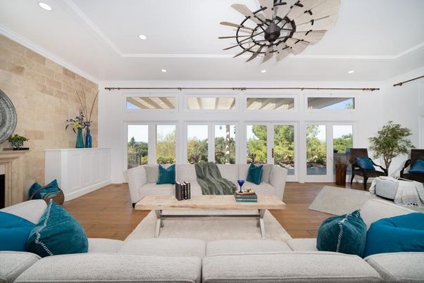 Fireplace, Interior, Living room, Recessed Lighting, Stone Walls, Wood Texture Flooring
