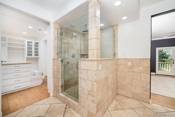 Bathroom, Glass Shower, Interior, Recessed Lighting, Wood Texture Flooring
