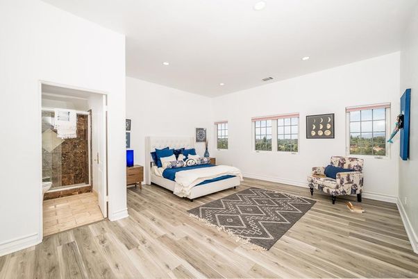 Bedroom, Interior, Recessed Lighting, Wood Texture Flooring