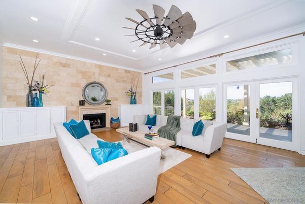 Fireplace, Interior, Living room, Recessed Lighting, Stone Walls, Wood Texture Flooring