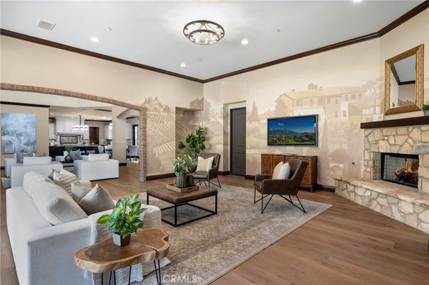 Dining room, Fireplace, Interior, Kitchen, Living room, Pendant Lights, Recessed Lighting, Wood Texture Flooring