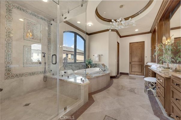 Bathroom, Chandelier, Glass Shower, Interior, Recessed Lighting
