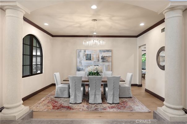 Dining room, Interior, Pendant Lights, Recessed Lighting, Wood Texture Flooring