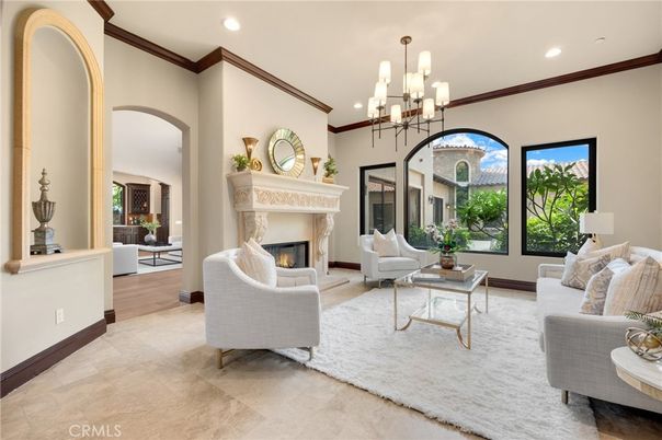 Chandelier, Fireplace, Interior, Living room, Recessed Lighting, Wood Texture Flooring