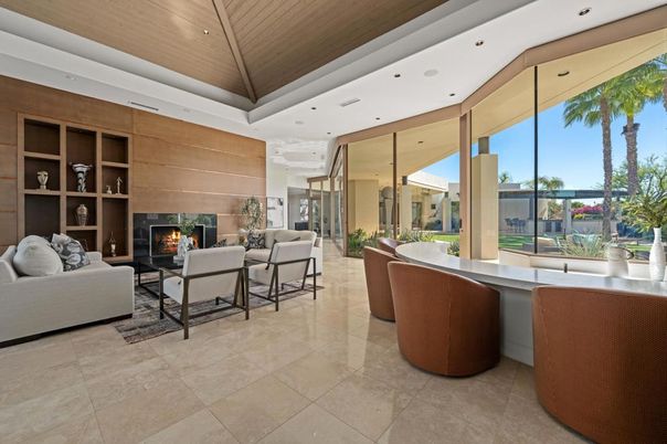 Fireplace, Interior, Living room, Recessed Lighting, Wooden Ceilings