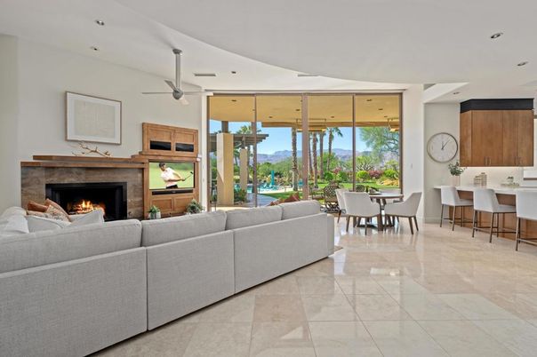 Dining room, Fireplace, Interior, Living room, Recessed Lighting