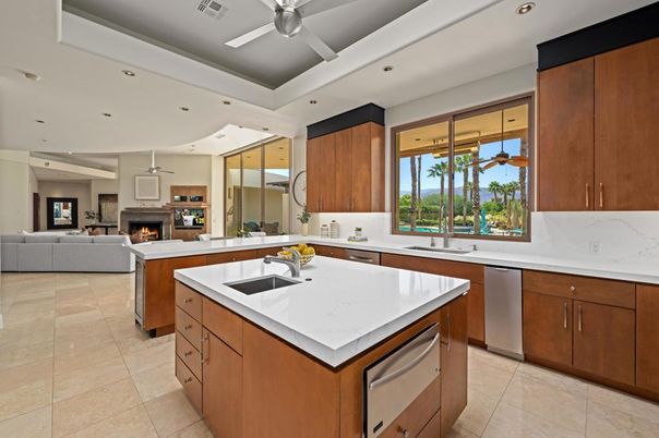 Fireplace, Interior, Kitchen, Living room, Recessed Lighting, Stainless Steel Appliances