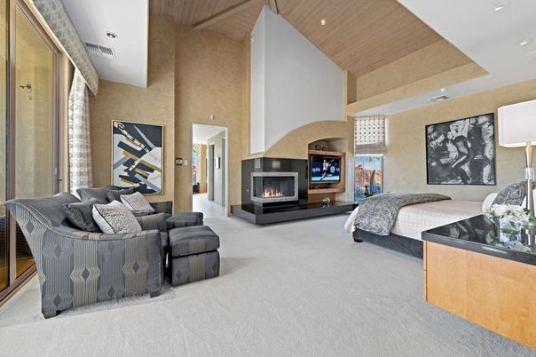 Bedroom, Fireplace, Interior, Recessed Lighting, Wooden Ceilings