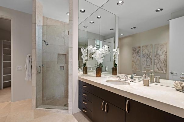 Bathroom, Dual Sink Vanities, Glass Shower, Interior, Recessed Lighting