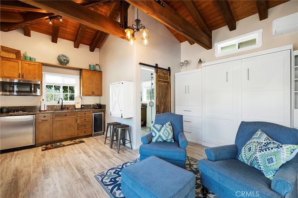 Interior, Kitchen, Living room, Pendant Lights, Stainless Steel Appliances, Wooden Beams, Wooden Ceilings, Wood Texture Flooring