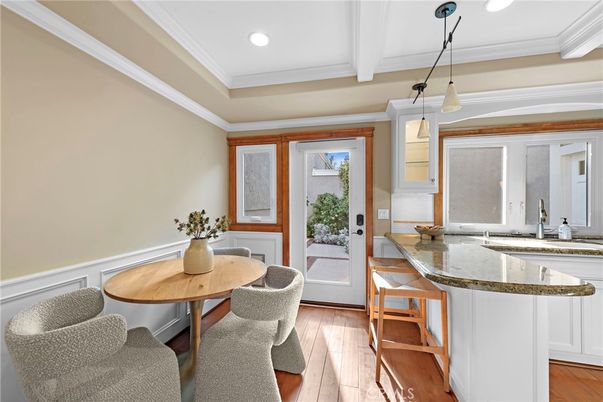 Dining room, Interior, Pendant Lights, Recessed Lighting, Wood Texture Flooring