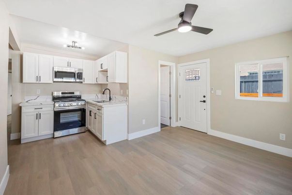 Interior, Kitchen, Stainless Steel Appliances, Wood Texture Flooring