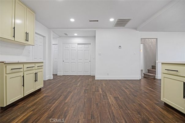 Empty room, Interior, Kitchen, Recessed Lighting, Wood Texture Flooring